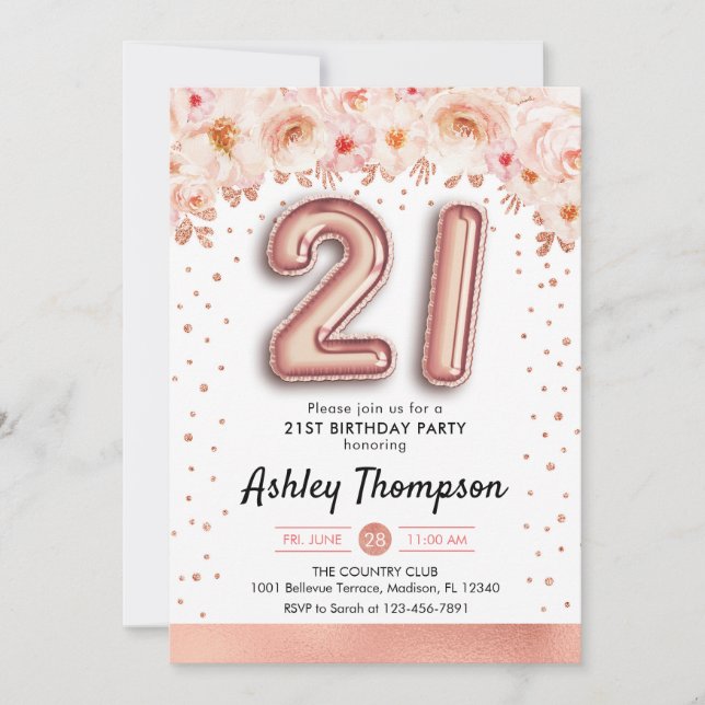 21st Birthday Party - Rose Gold Balloons Invitation (Front)