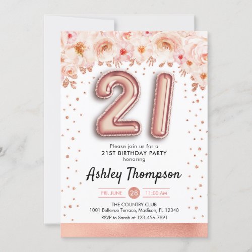 21st Birthday Party _ Rose Gold Balloons Invitation