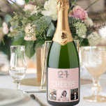 21st birthday party rose gold blush cheers photo sparkling wine label<br><div class="desc">A bottle label for a 21st birthday party, celebrating her life with a collage of 3 of your photos. Personalize and add a name, age 21 and a date. Date of birth or the date of the party. White and dark rose gold colored letters. The text: Cheers. Elegant and trendy...</div>