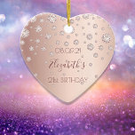 21st birthday party rose gold diamonds name ceramic ornament<br><div class="desc">An ornament for a girly and glamorous 21st birthday party. A faux rose gold background with an elegant faux rose gold diamonds. The text: The name is written in dark rose gold with a modern hand lettered style script. Tempate for a date and age 21. Perfect as party decoration, favor,...</div>