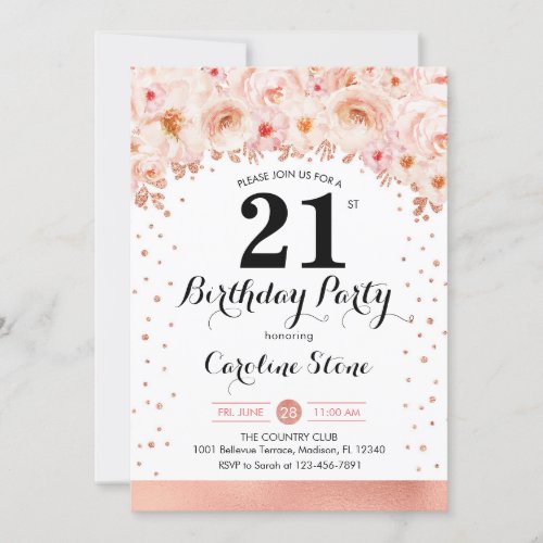 21st Birthday Party _ Rose Gold Flowers Invitation