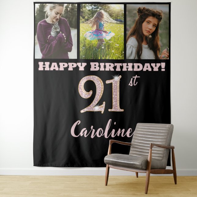 21st Birthday Party, Rose Gold Glitter & 3 photos Tapestry (In Situ)