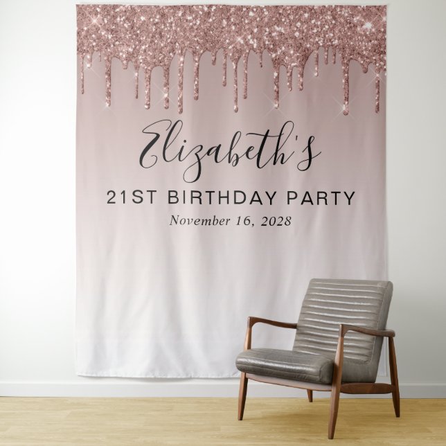21st Birthday Party Rose Gold Glitter Backdrop (In Situ)