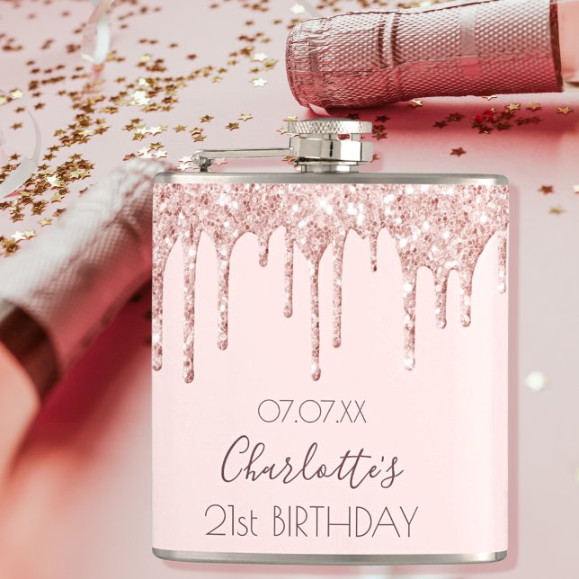 21st birthday party rose gold glitter drips pink flask