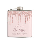 21st birthday party rose gold glitter drips pink flask (Front)