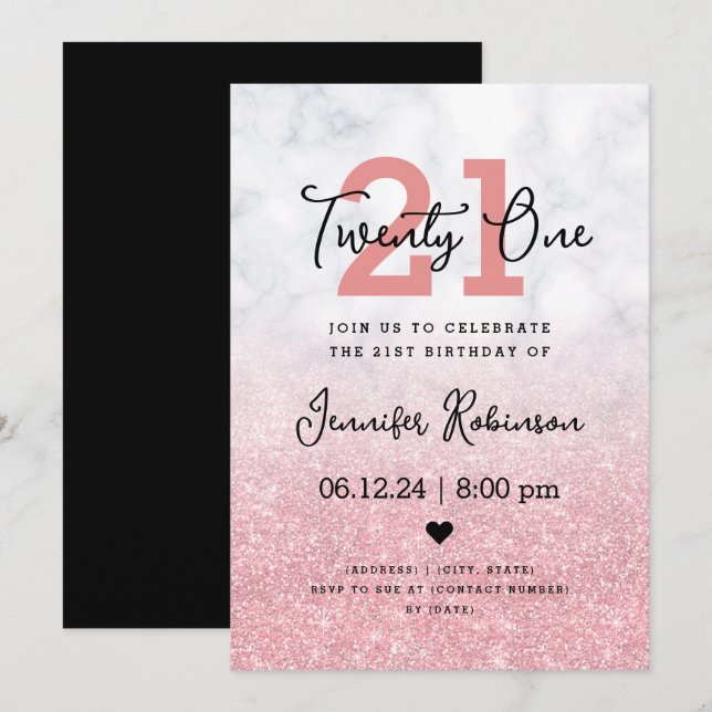21st Birthday Party Rose Gold Glitter Marble Invitation (Front/Back)