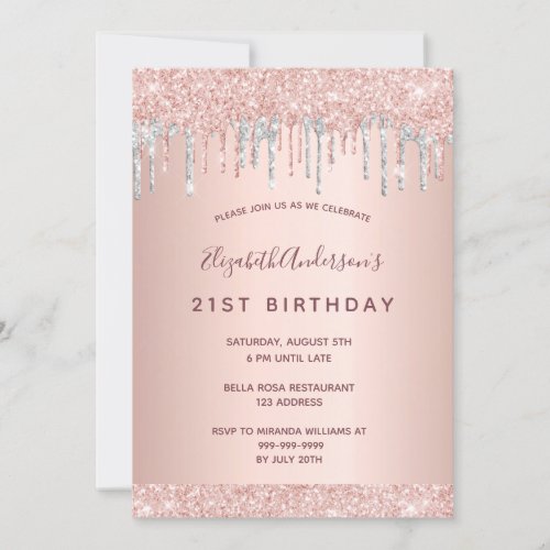 21st birthday party rose gold glitter pink silver invitation