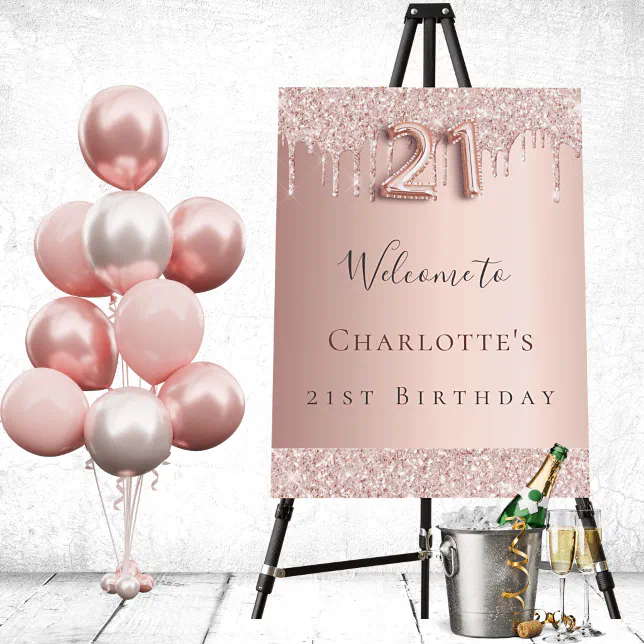 21st birthday party rose gold glitter welcome foam board | Zazzle