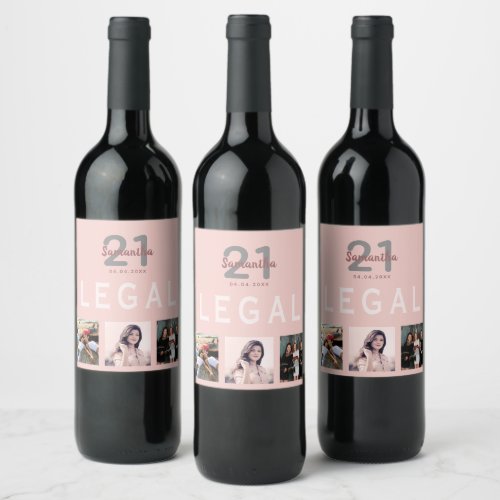 21st birthday party rose gold legal photo collage wine label