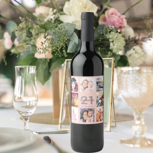 21st birthday party rose gold pink photo collage wine label