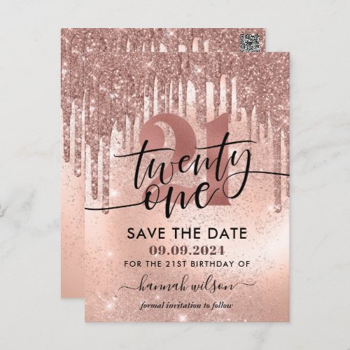 21st Birthday Party Rose Gold Save The Date Postcard