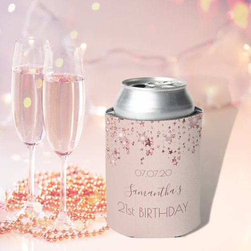 21st birthday party rose gold shiny stars glittery can cooler