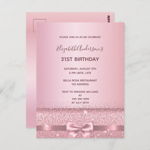 21st birthday party rose gold sparkle invitation postcard | Zazzle