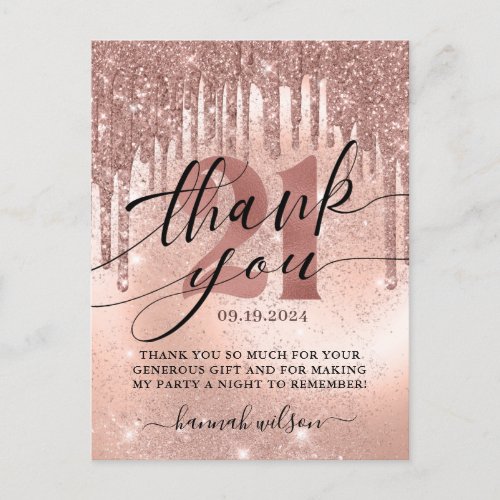 21st Birthday Party Rose Gold Thank You Postcard