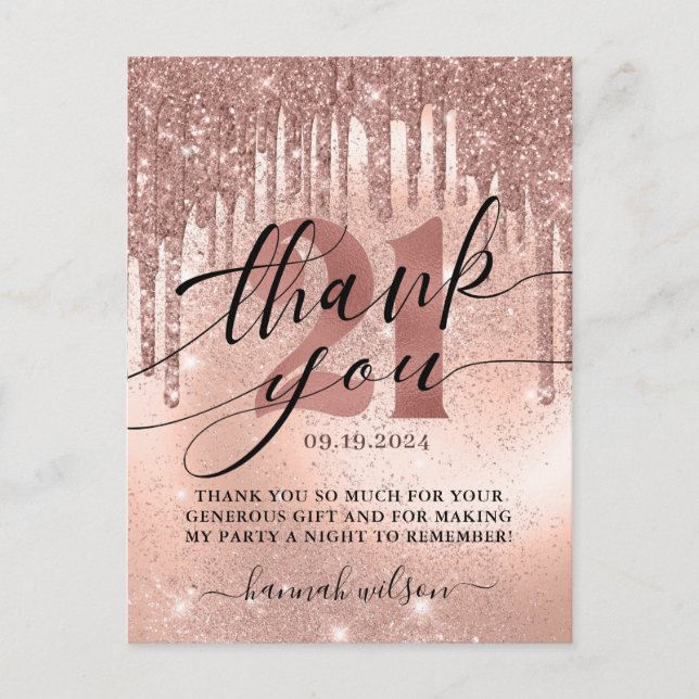 21st Birthday Party Rose Gold Thank You Postcard (Front)