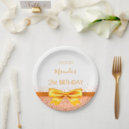 21st birthday party rose gold white name bow paper plates