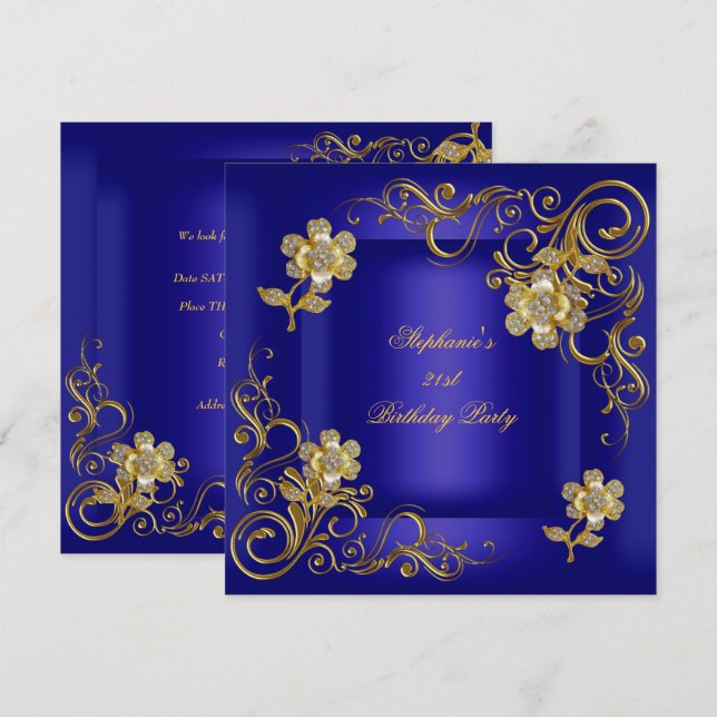 21st Birthday Party Royal Blue Gold Diamond Invitation (Front/Back)