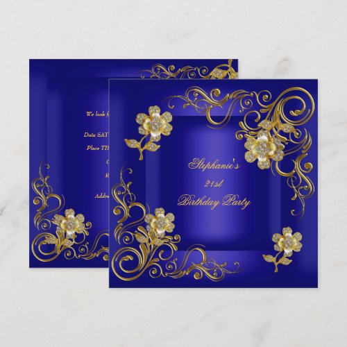 21st Birthday Party Royal Blue Gold Diamond Invite
