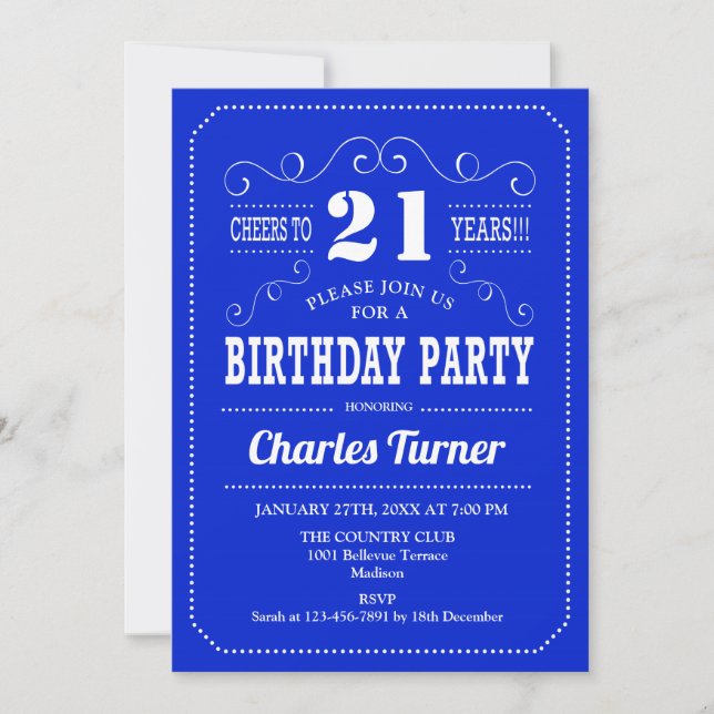 21st Birthday Party - Royal Blue White Invitation (Front)