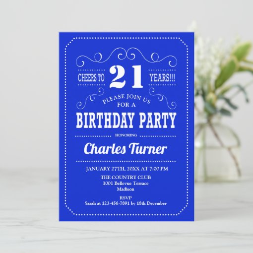 21st Birthday Party - Royal Blue White Invitation | Zazzle