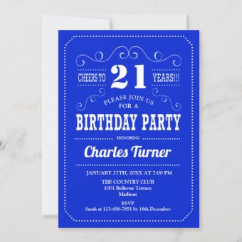 21st Birthday Party - Royal Blue White Invitation | Zazzle