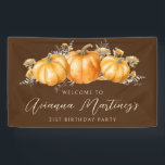 21st Birthday Party Rustic Boho Fall Pumpkin  Banner<br><div class="desc">Elegant watercolor orange pumpkins are nestled in a variety of fall foliage and flowers. A dark,  rich brown background frames it to perfection. Perfect for an autumn celebration. All text is editable.</div>