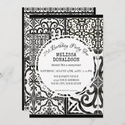 21st Birthday Party Rustic Farm Tile Black White Invitation