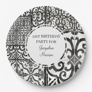 21st Birthday Party RusticTile Pattern Black White Paper Plates