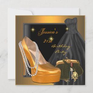 21st Birthday Party Shoe Gold Orange Black Invitation