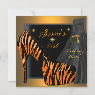 21st Birthday Party Shoe Gold Orange Black Zebra Invitation