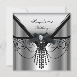 21st Birthday Party Silver Black Diamond Bow Invitation