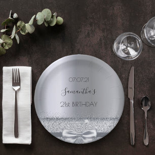 21st birthday party silver bow elegant paper plates