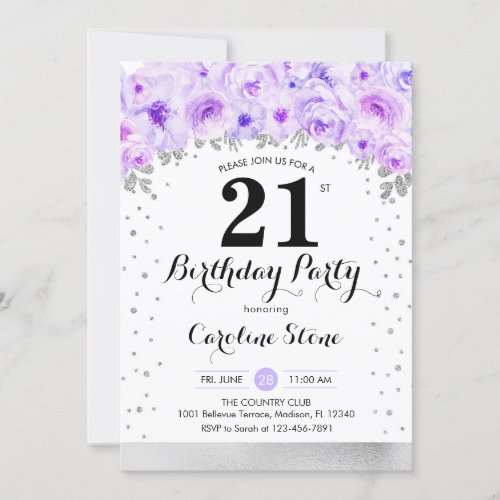 21st Birthday Party _ Silver Purple Flowers Invitation