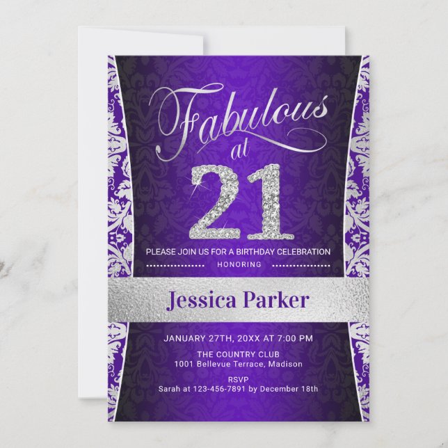 21st Birthday Party - Silver Purple Invitation (Front)