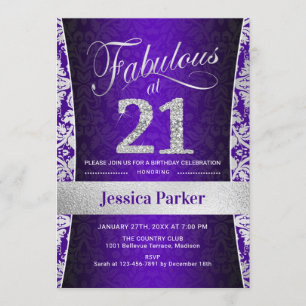 21st Birthday Party - Silver Purple Invitation