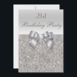 21st Birthday Party Silver Sequins, Bow & Diamond Invitation<br><div class="desc">Woman's 21st birthday party invitations. Elegant custom silver twenty first / 21 Birthday Party invitations for women with a pretty silver printed sequins pattern, a cute silver bow and ribbon image and printed diamond bling jewel. These sophisticated, classy, stylish, glamorous personalized invites are decorated on both sides. Beautiful, chic, trendy,...</div>