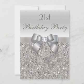 21st Birthday Party Silver Sequins, Bow & Diamond Invitation