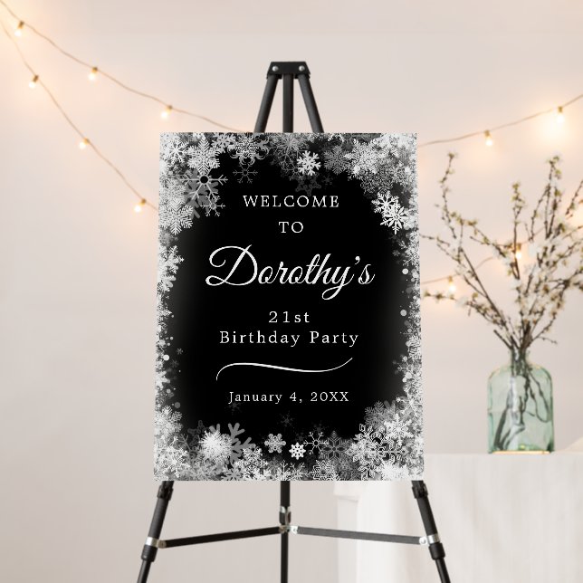 21st Birthday Party Snowflake Black Welcome Foam Board (In Situ (Stand))