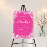 21st Birthday Party Snowflake Pink Welcome Foam Board<br><div class="desc">Set the tone for your 21st birthday party with this Winter Wonderland Snowflake Welcome Sign showstopper. It's foam board so it will stand on its own (one less thing to think about). The white text on the pretty pink background really pops and the white snowflake border makes it very festive....</div>