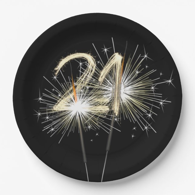 21st Birthday Party Sparklers on Black Paper Plates (Front)