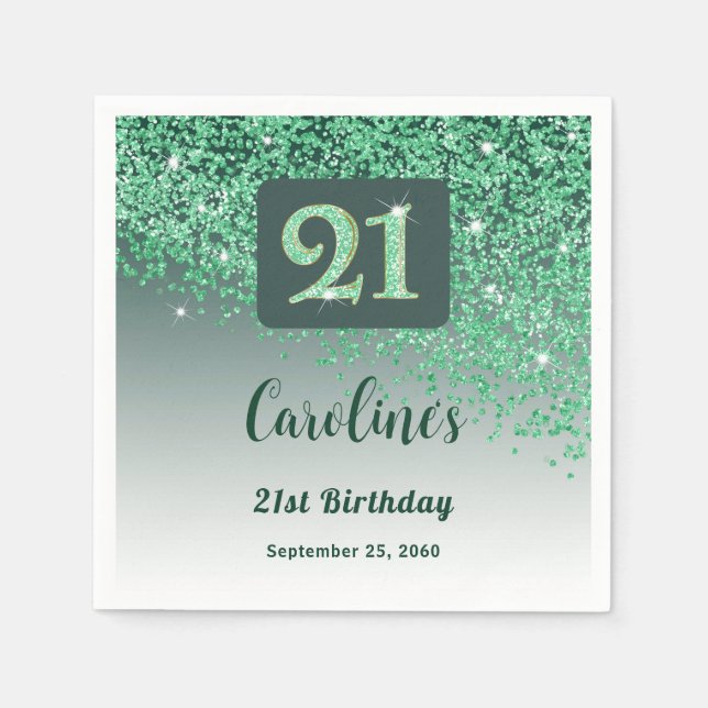 21st Birthday Party Sparkling Green Glitter Napkins (Front)
