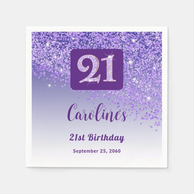 21st Birthday Party Sparkling Purple Glitter Napkins (Front)