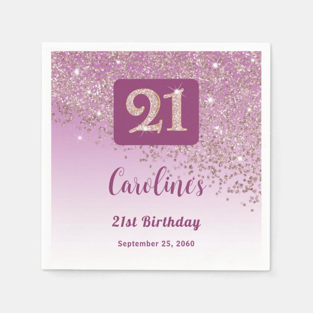 21st Birthday Party Sparkling Rose Gold Glitter Napkins (Front)
