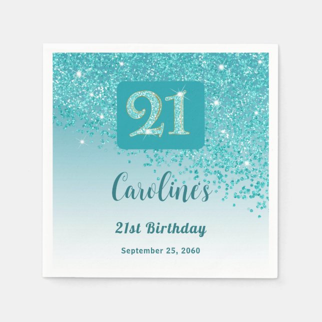 21st Birthday Party Sparkling Teal Blue Glitter Napkins (Front)