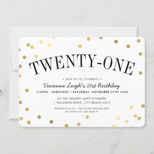 21st BIRTHDAY PARTY stylish gold confetti spots Invitation