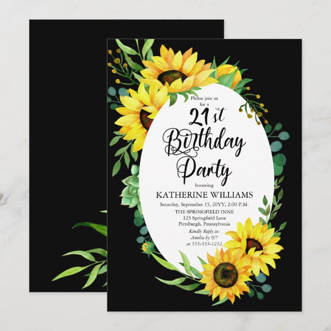 21st Birthday Party Sunflower | Eucalyptus Floral Invitation (Front/Back)