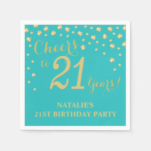 21st Birthday Party Teal and Gold Diamond Napkins