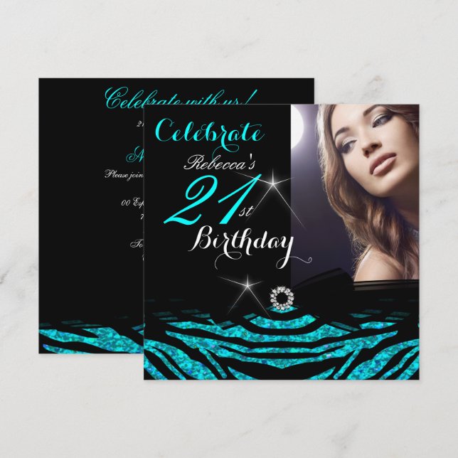 21st Birthday Party Teal Blue 21 Zebra Photo 4 Invitation (Front/Back)