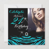 21st Birthday Party Teal Blue 21 Zebra Photo 4 Invitation (Front)