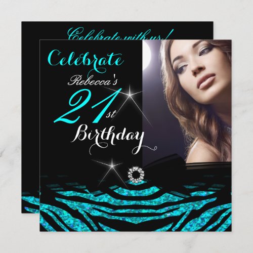 21st Birthday Party Teal Blue 21 Zebra Photo 4 Invitation